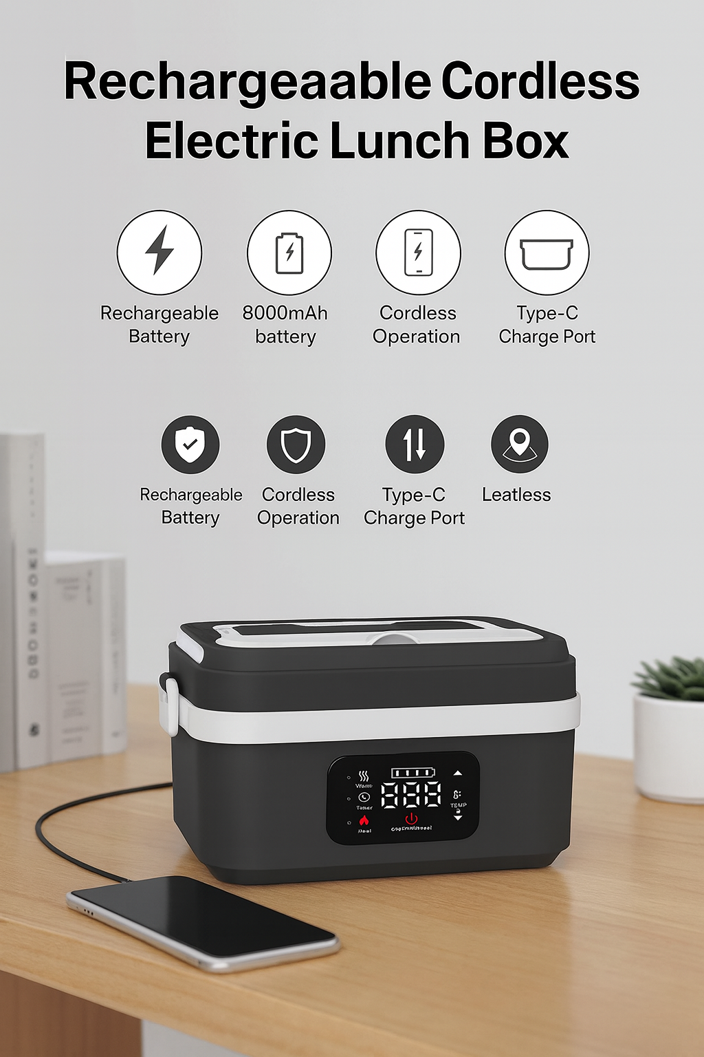 Portable Cordless Electric Lunch Box – Rechargeable Self-Heating Food Warmer for Office, Travel & Car