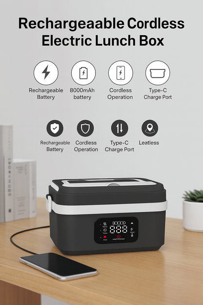Portable Cordless Electric Lunch Box – Rechargeable Self-Heating Food Warmer for Office, Travel & Car