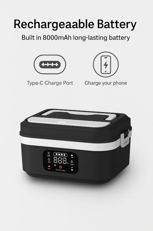 Portable Cordless Electric Lunch Box – Rechargeable Self-Heating Food Warmer for Office, Travel & Car