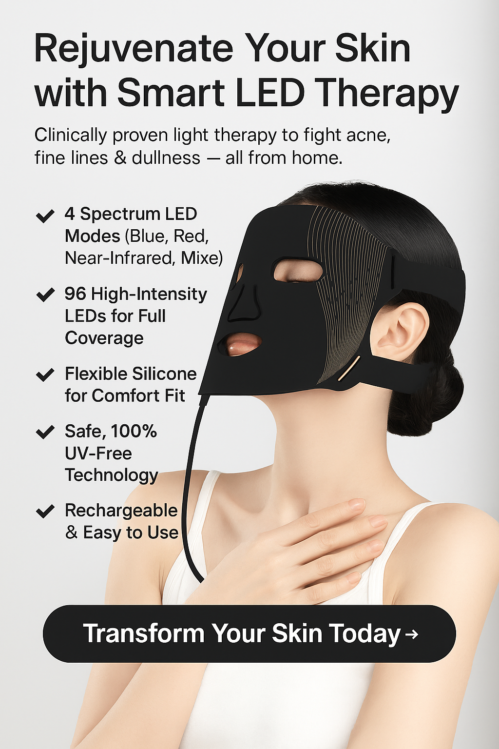 LED Red Light Facial Mask – 4 Spectrum Silicone PDT Therapy | Skin Rejuvenation, Anti-Aging, Wrinkle Removal & Acne Treatment