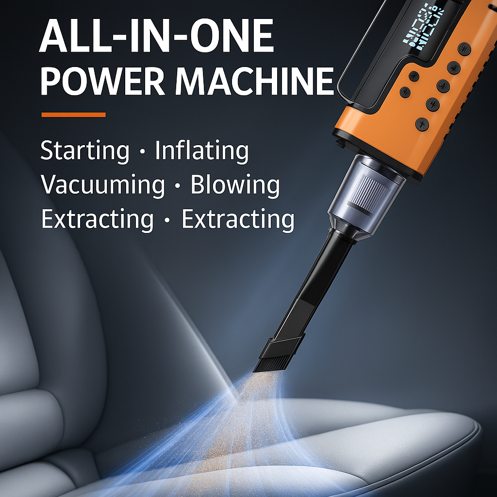 Portable 8-in-1 Car Jump Starter & Power Station – 3000A Peak Battery Booster with Air Compressor, Vacuum Cleaner, Power Bank & LED Flashlight