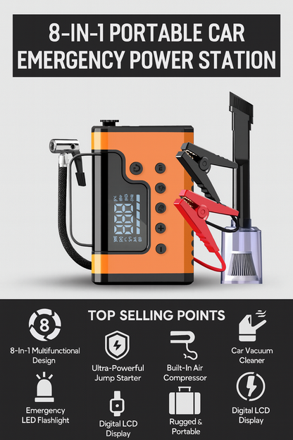 Portable 8-in-1 Car Jump Starter & Power Station – 3000A Peak Battery Booster with Air Compressor, Vacuum Cleaner, Power Bank & LED Flashlight