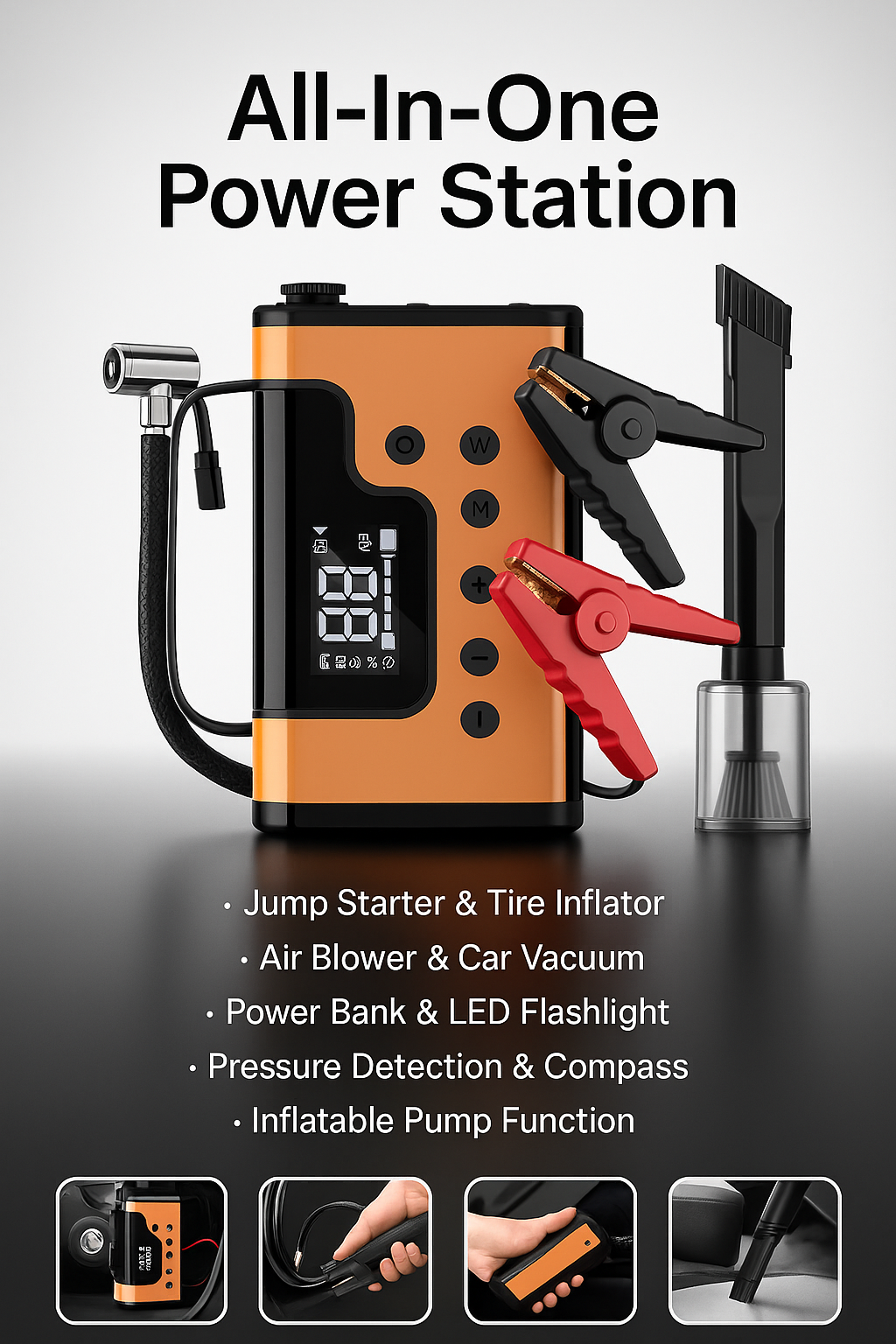 Portable 8-in-1 Car Jump Starter & Power Station – 3000A Peak Battery Booster with Air Compressor, Vacuum Cleaner, Power Bank & LED Flashlight