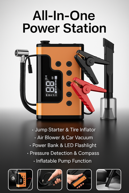 Portable 8-in-1 Car Jump Starter & Power Station – 3000A Peak Battery Booster with Air Compressor, Vacuum Cleaner, Power Bank & LED Flashlight